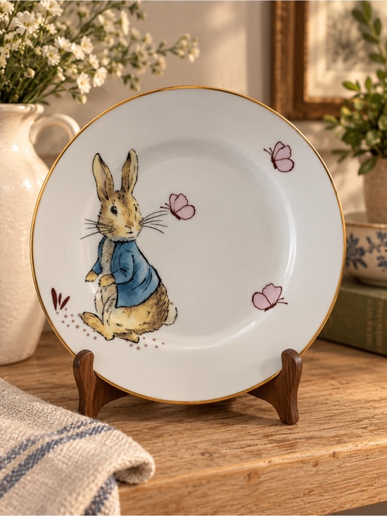 Zrike Peter Other - Porcelain Bunny Motif Salad Plate with Gold Rim QTY 6 — White, Blue & Pink